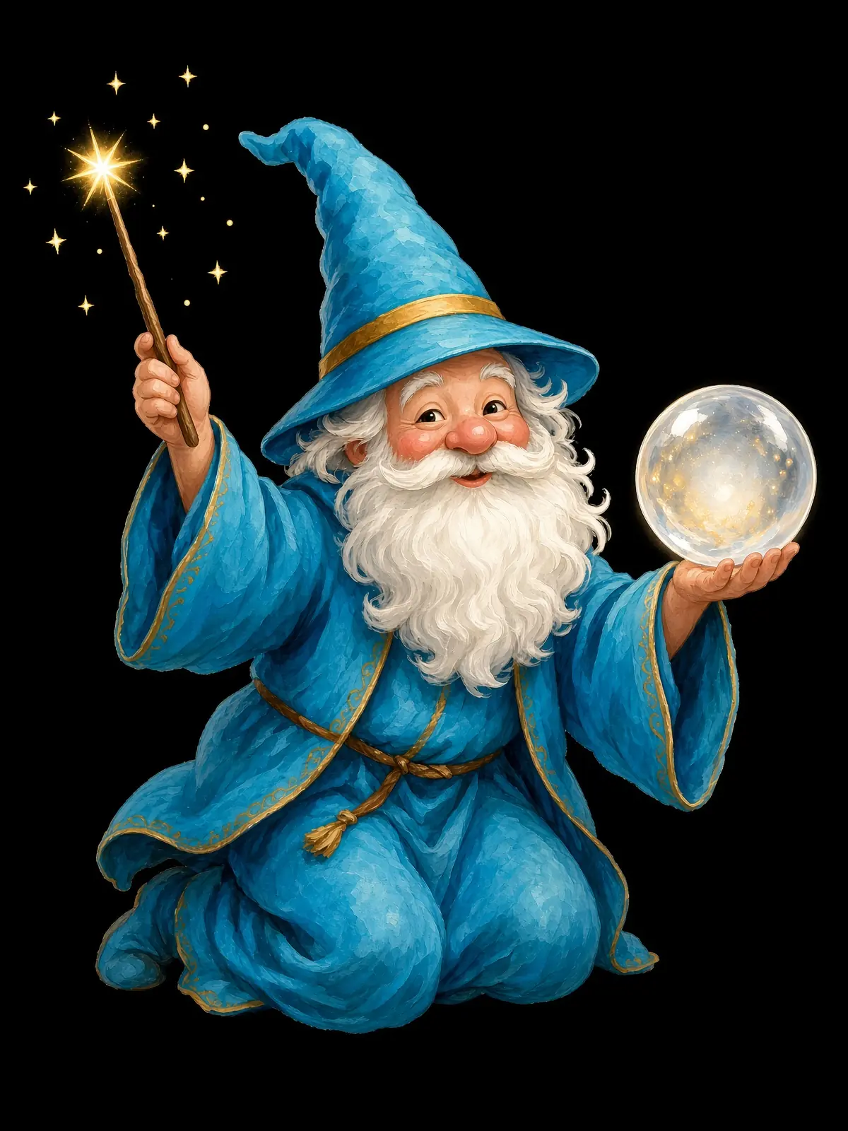 Il mago Angelo, con cappello e veste azzurri, sfera di cristallo e bacchetta magica